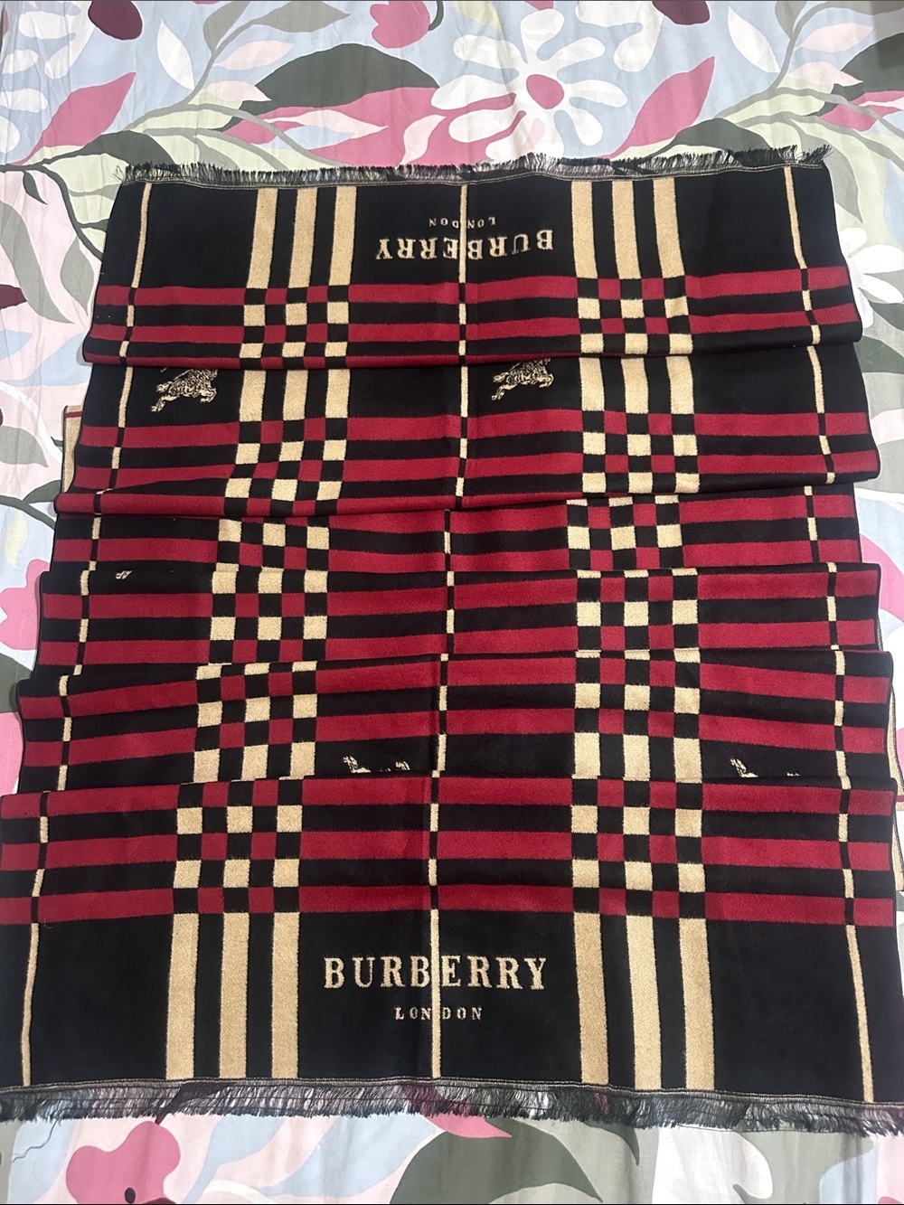Burberry Black, Red & Cream Plaid Logo Scarf NWT